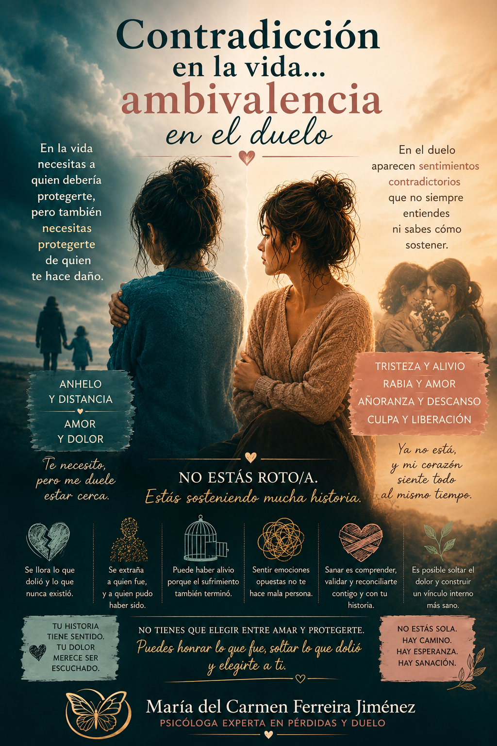 Imagen conceptual sobre duelo ambivalente y trauma relacional, representando la contradicción emocional entre amor y dolor dentro de los vínculos familiares y su impacto en el duelo traumático.